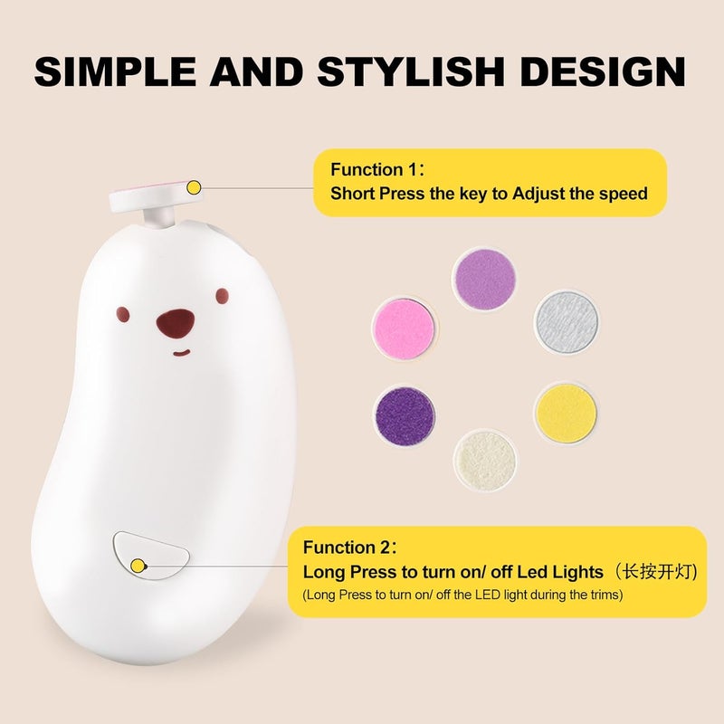 SweeBe Baby Nail File Electric, Gentle Rechargeable Nail Trimmer, Baby Nail Clippers Grooming Kit Manicure Set for Infant Toddler or Adults, 6 Grinding Head Replacement Pads White - Image 4